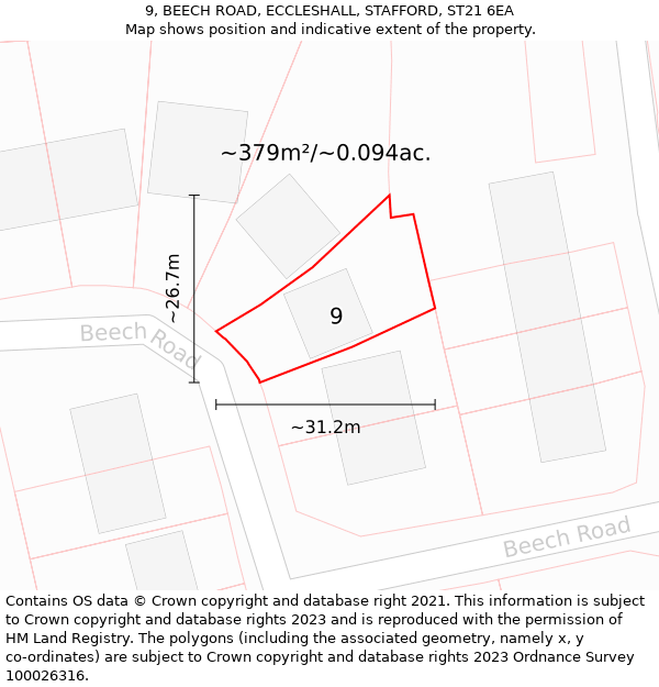 9, BEECH ROAD, ECCLESHALL, STAFFORD, ST21 6EA: Plot and title map