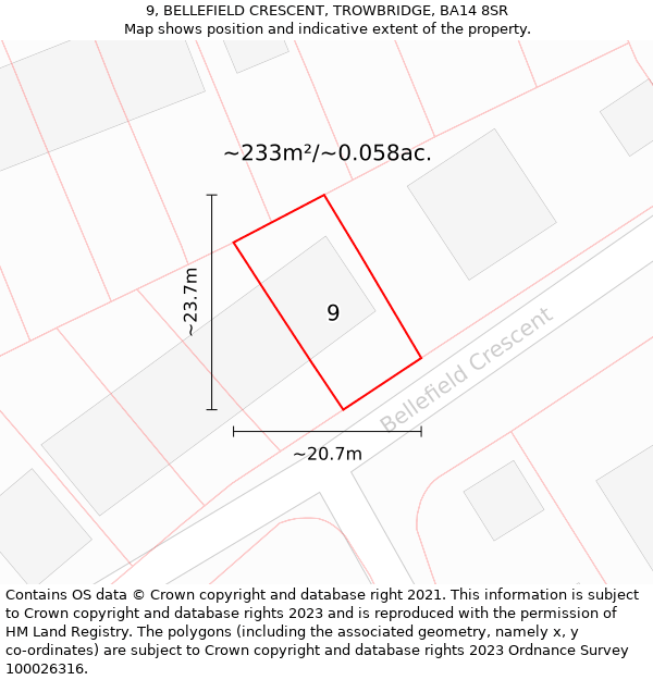 9, BELLEFIELD CRESCENT, TROWBRIDGE, BA14 8SR: Plot and title map