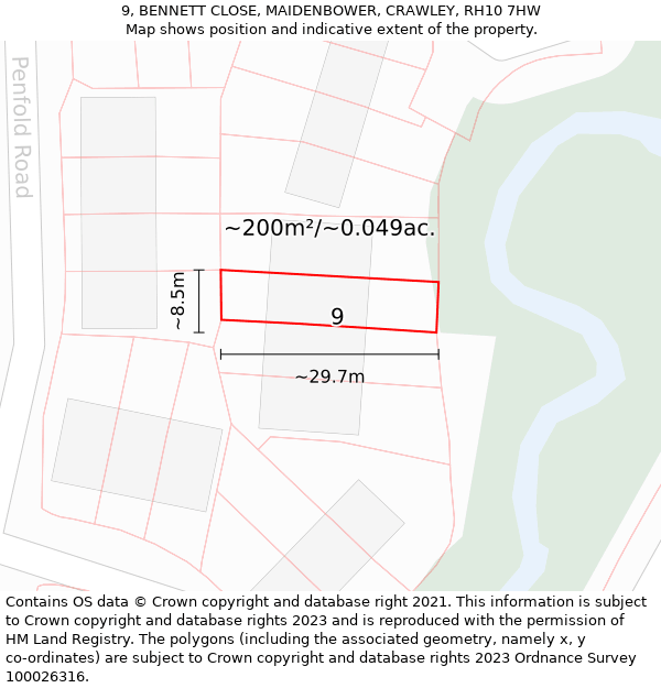 9, BENNETT CLOSE, MAIDENBOWER, CRAWLEY, RH10 7HW: Plot and title map