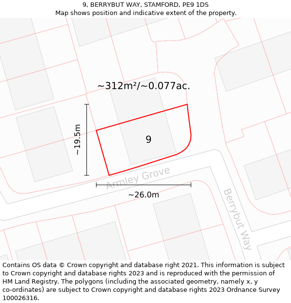 9, BERRYBUT WAY, STAMFORD, PE9 1DS: Plot and title map