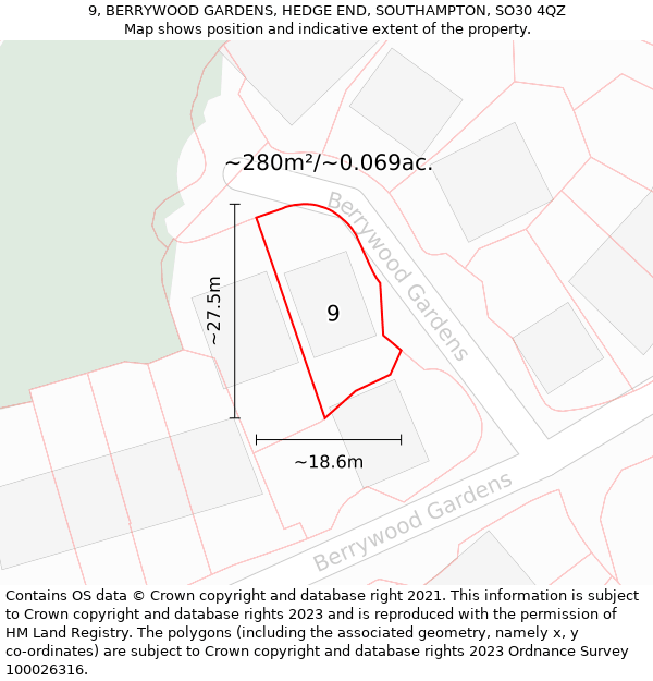 9, BERRYWOOD GARDENS, HEDGE END, SOUTHAMPTON, SO30 4QZ: Plot and title map