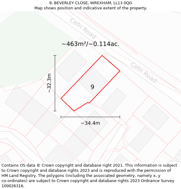 9, BEVERLEY CLOSE, WREXHAM, LL13 0QG: Plot and title map