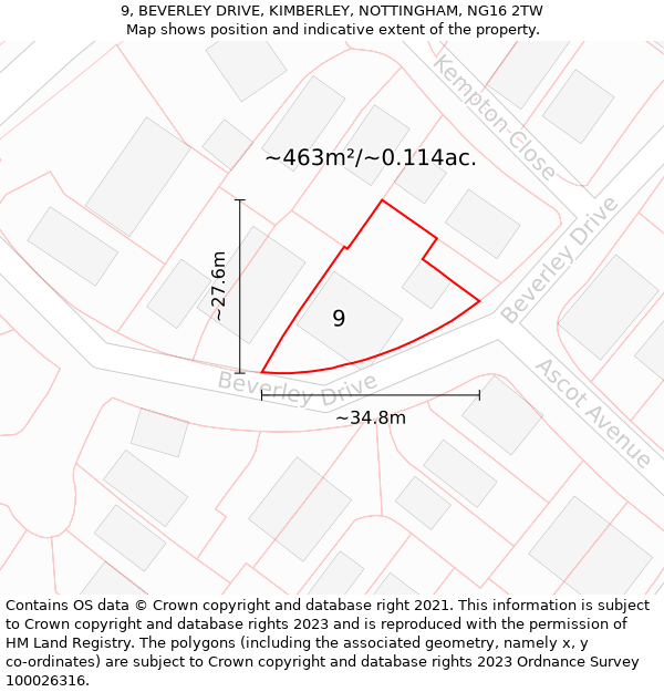 9, BEVERLEY DRIVE, KIMBERLEY, NOTTINGHAM, NG16 2TW: Plot and title map