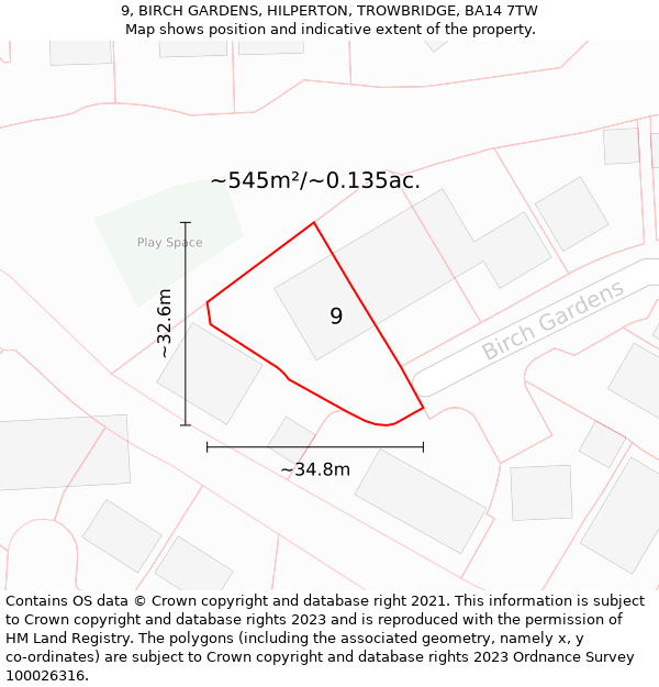 9, BIRCH GARDENS, HILPERTON, TROWBRIDGE, BA14 7TW: Plot and title map