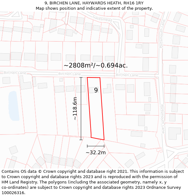 9, BIRCHEN LANE, HAYWARDS HEATH, RH16 1RY: Plot and title map