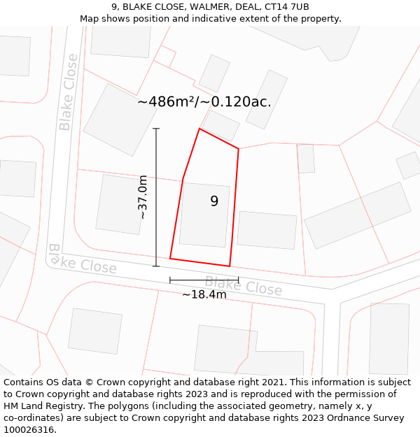 9, BLAKE CLOSE, WALMER, DEAL, CT14 7UB: Plot and title map