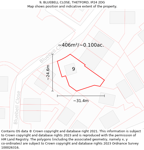 9, BLUEBELL CLOSE, THETFORD, IP24 2DG: Plot and title map