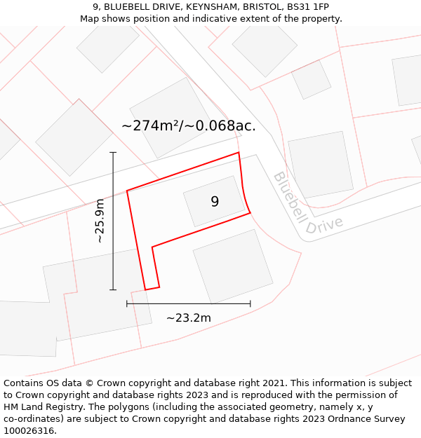 9, BLUEBELL DRIVE, KEYNSHAM, BRISTOL, BS31 1FP: Plot and title map