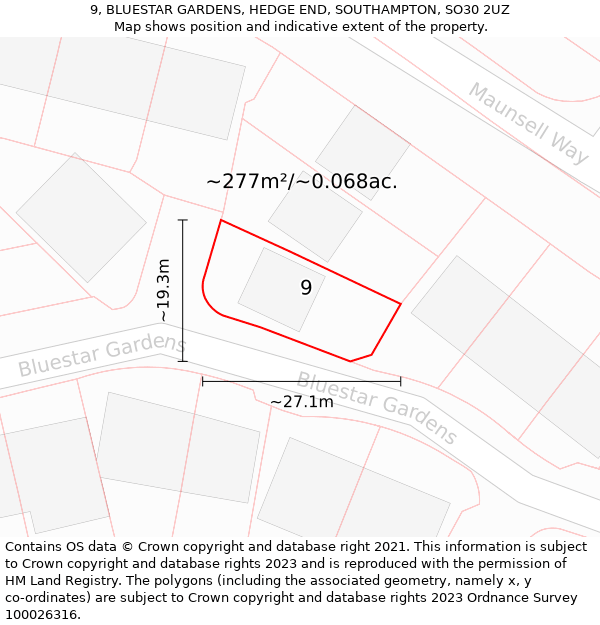 9, BLUESTAR GARDENS, HEDGE END, SOUTHAMPTON, SO30 2UZ: Plot and title map