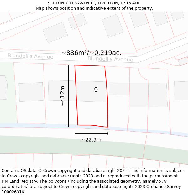 9, BLUNDELLS AVENUE, TIVERTON, EX16 4DL: Plot and title map