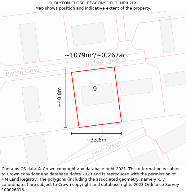 9, BLYTON CLOSE, BEACONSFIELD, HP9 2LX: Plot and title map