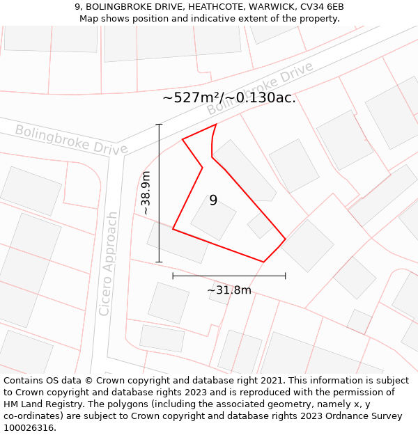 9, BOLINGBROKE DRIVE, HEATHCOTE, WARWICK, CV34 6EB: Plot and title map