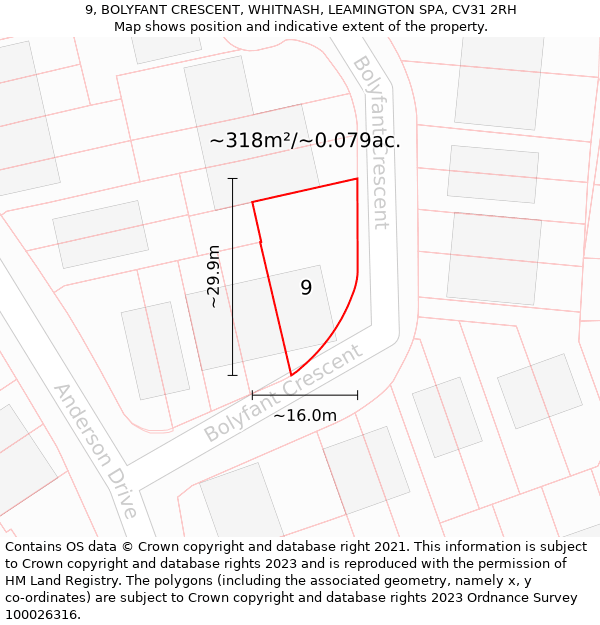 9, BOLYFANT CRESCENT, WHITNASH, LEAMINGTON SPA, CV31 2RH: Plot and title map