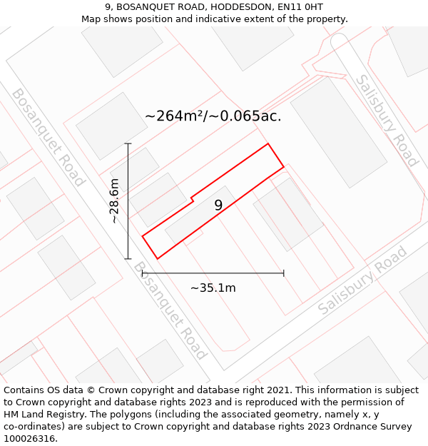 9, BOSANQUET ROAD, HODDESDON, EN11 0HT: Plot and title map