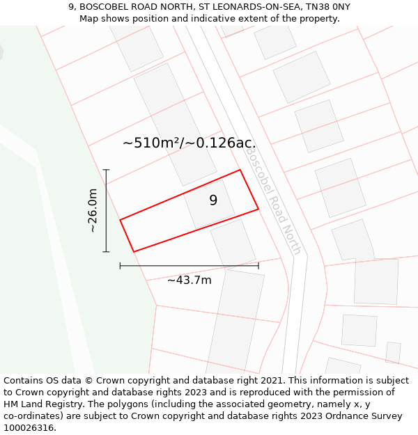 9, BOSCOBEL ROAD NORTH, ST LEONARDS-ON-SEA, TN38 0NY: Plot and title map