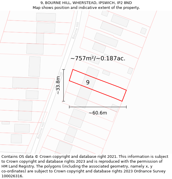 9, BOURNE HILL, WHERSTEAD, IPSWICH, IP2 8ND: Plot and title map