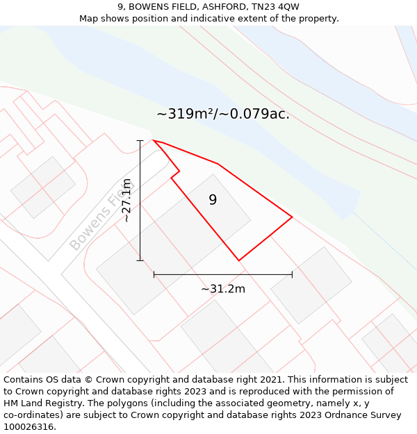 9, BOWENS FIELD, ASHFORD, TN23 4QW: Plot and title map