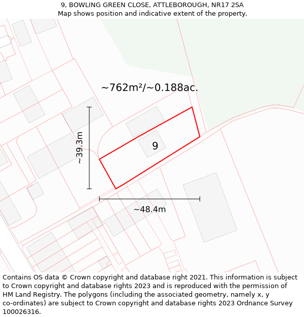 9, BOWLING GREEN CLOSE, ATTLEBOROUGH, NR17 2SA: Plot and title map