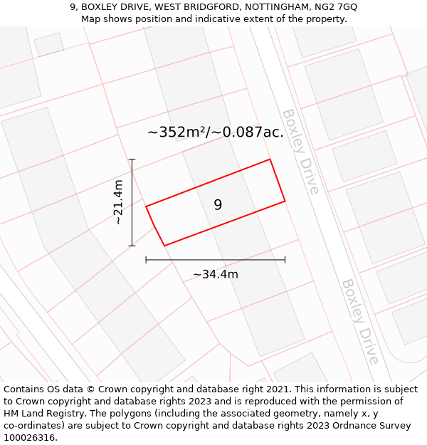 9, BOXLEY DRIVE, WEST BRIDGFORD, NOTTINGHAM, NG2 7GQ: Plot and title map