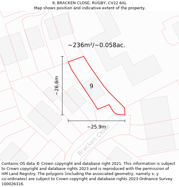 9, BRACKEN CLOSE, RUGBY, CV22 6AL: Plot and title map