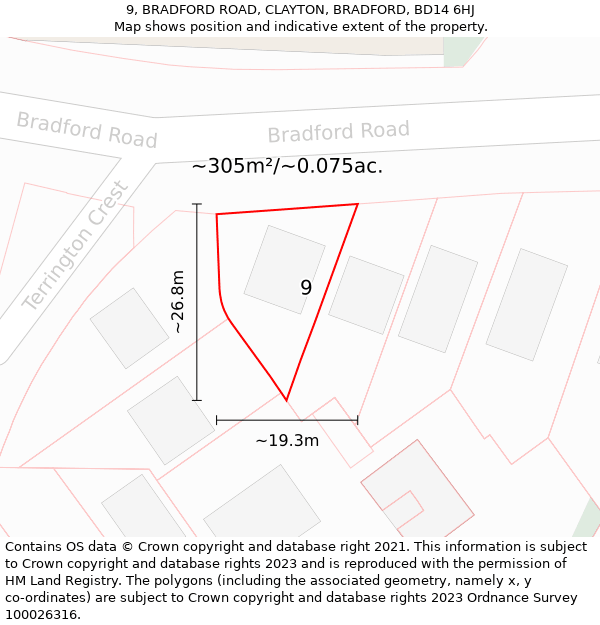 9, BRADFORD ROAD, CLAYTON, BRADFORD, BD14 6HJ: Plot and title map