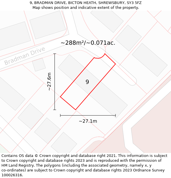 9, BRADMAN DRIVE, BICTON HEATH, SHREWSBURY, SY3 5FZ: Plot and title map