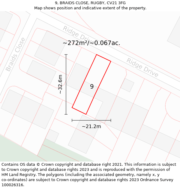 9, BRAIDS CLOSE, RUGBY, CV21 3FG: Plot and title map