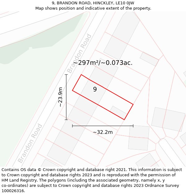 9, BRANDON ROAD, HINCKLEY, LE10 0JW: Plot and title map