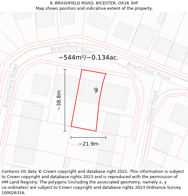 9, BRASHFIELD ROAD, BICESTER, OX26 3HF: Plot and title map