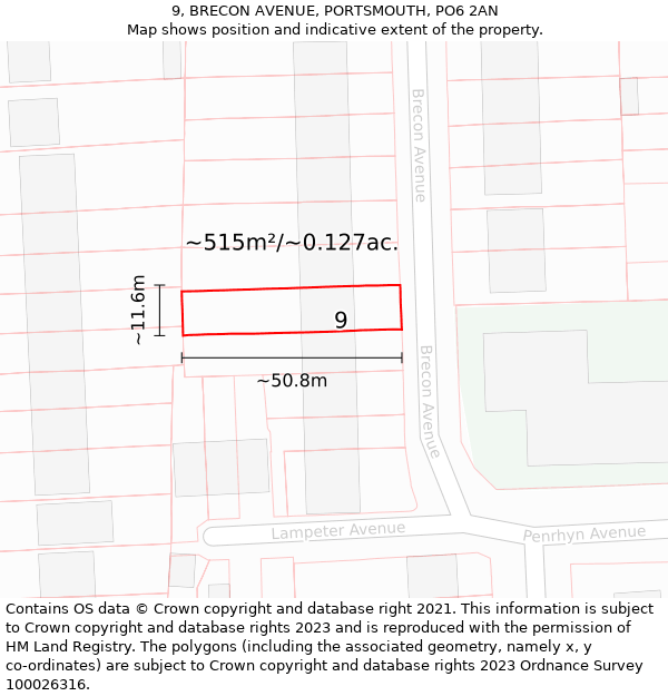 9, BRECON AVENUE, PORTSMOUTH, PO6 2AN: Plot and title map