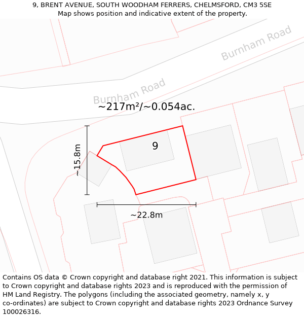 9, BRENT AVENUE, SOUTH WOODHAM FERRERS, CHELMSFORD, CM3 5SE: Plot and title map