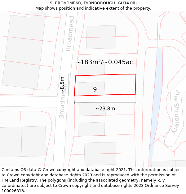 9, BROADMEAD, FARNBOROUGH, GU14 0RJ: Plot and title map