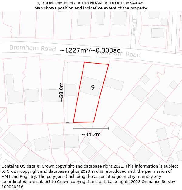 9, BROMHAM ROAD, BIDDENHAM, BEDFORD, MK40 4AF: Plot and title map