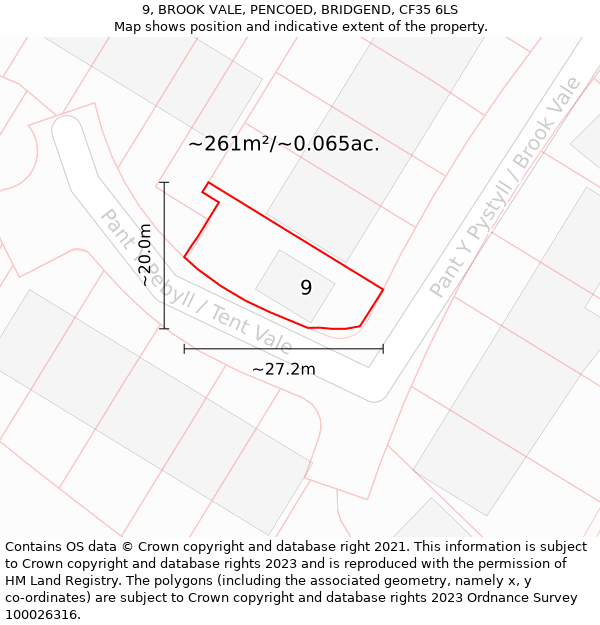 9, BROOK VALE, PENCOED, BRIDGEND, CF35 6LS: Plot and title map