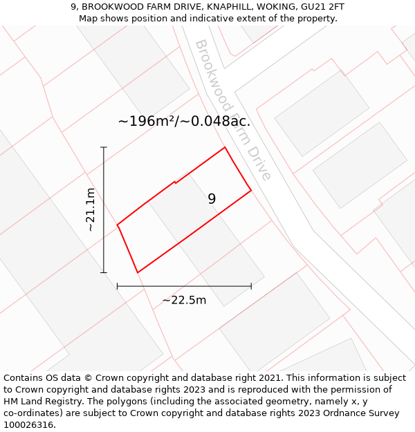 9, BROOKWOOD FARM DRIVE, KNAPHILL, WOKING, GU21 2FT: Plot and title map