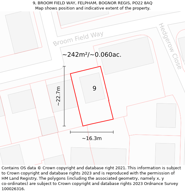 9, BROOM FIELD WAY, FELPHAM, BOGNOR REGIS, PO22 8AQ: Plot and title map