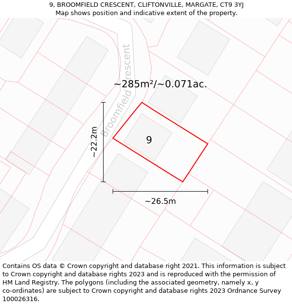 9, BROOMFIELD CRESCENT, CLIFTONVILLE, MARGATE, CT9 3YJ: Plot and title map