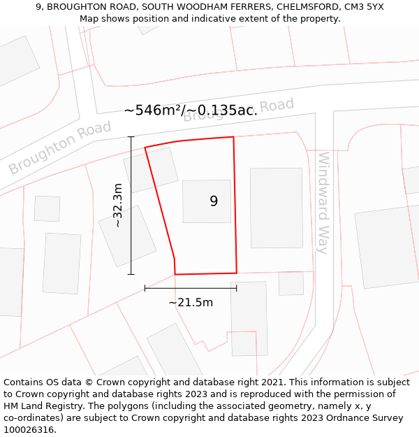 9, BROUGHTON ROAD, SOUTH WOODHAM FERRERS, CHELMSFORD, CM3 5YX: Plot and title map