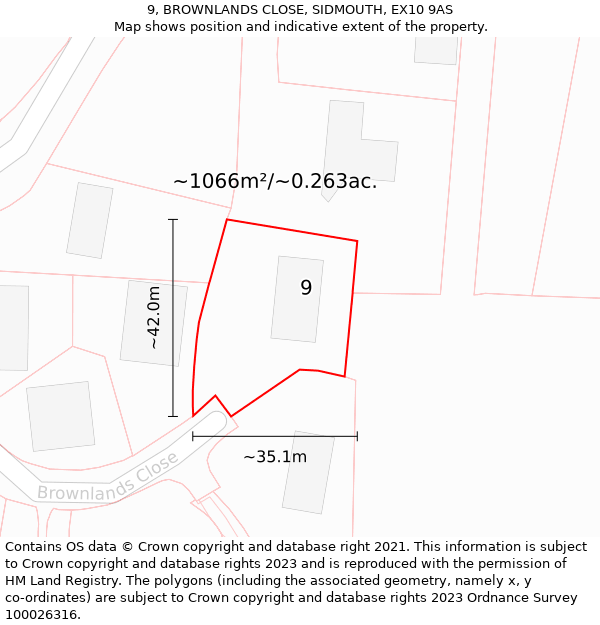 9, BROWNLANDS CLOSE, SIDMOUTH, EX10 9AS: Plot and title map