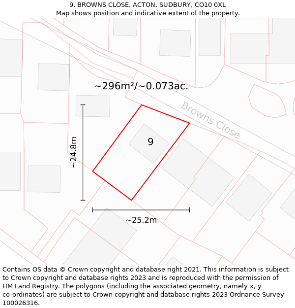 9, BROWNS CLOSE, ACTON, SUDBURY, CO10 0XL: Plot and title map