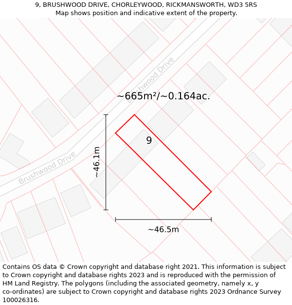 9, BRUSHWOOD DRIVE, CHORLEYWOOD, RICKMANSWORTH, WD3 5RS: Plot and title map