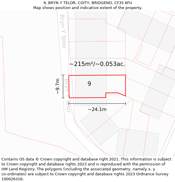 9, BRYN Y TELOR, COITY, BRIDGEND, CF35 6FU: Plot and title map