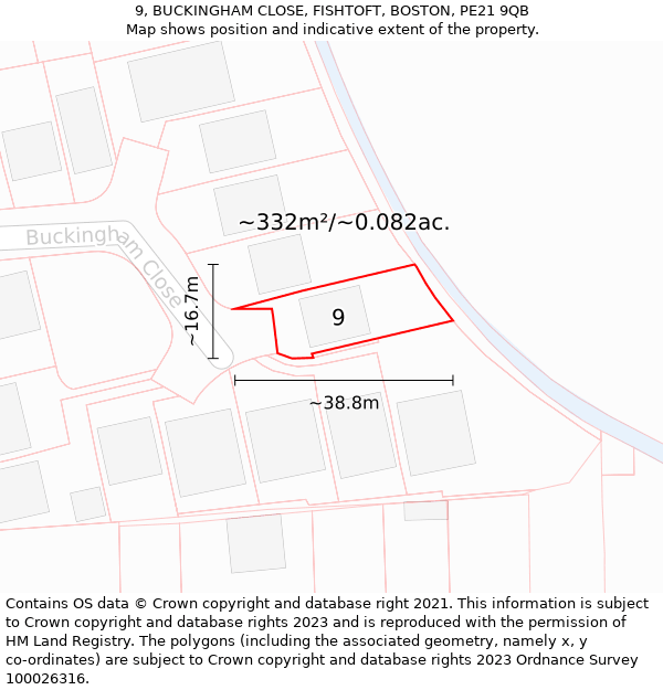 9, BUCKINGHAM CLOSE, FISHTOFT, BOSTON, PE21 9QB: Plot and title map