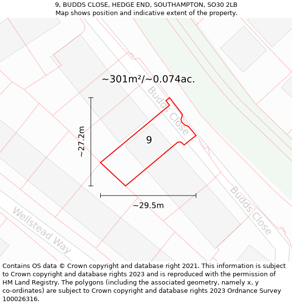 9, BUDDS CLOSE, HEDGE END, SOUTHAMPTON, SO30 2LB: Plot and title map