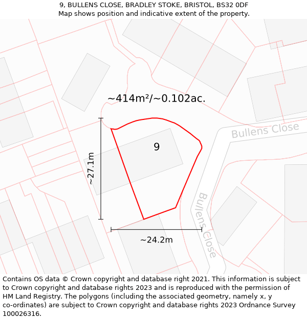 9, BULLENS CLOSE, BRADLEY STOKE, BRISTOL, BS32 0DF: Plot and title map