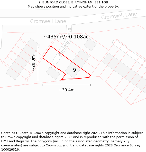 9, BUNFORD CLOSE, BIRMINGHAM, B31 1GB: Plot and title map