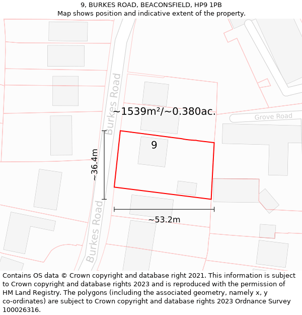 9, BURKES ROAD, BEACONSFIELD, HP9 1PB: Plot and title map