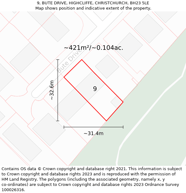 9, BUTE DRIVE, HIGHCLIFFE, CHRISTCHURCH, BH23 5LE: Plot and title map