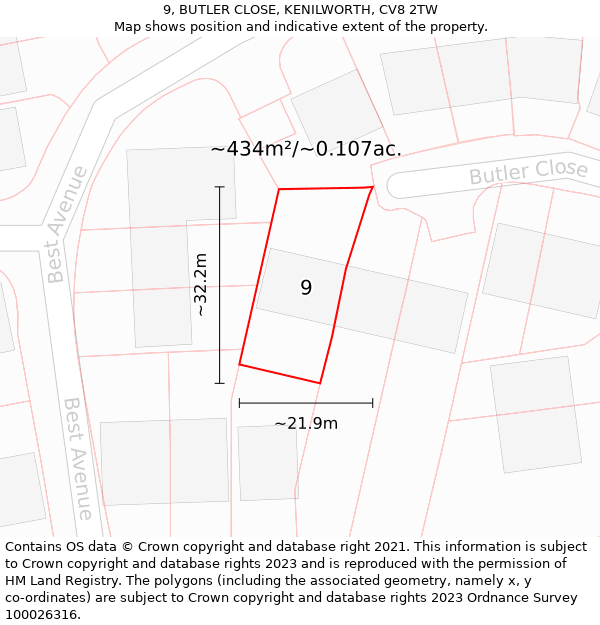 9, BUTLER CLOSE, KENILWORTH, CV8 2TW: Plot and title map