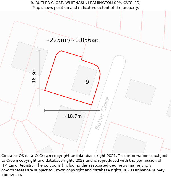 9, BUTLER CLOSE, WHITNASH, LEAMINGTON SPA, CV31 2DJ: Plot and title map